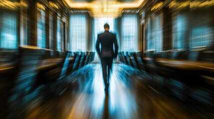 A Businessman Walking Through a Blurry Hallway