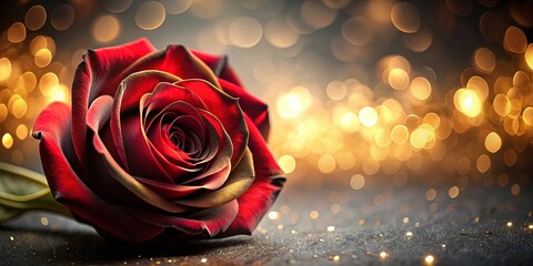 Elegant abstract black, red, and gold design with a red rose on blurred background, elegant, abstract, black, red, gold