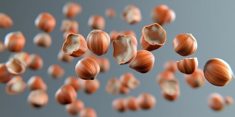 Dynamic Hazelnut Explosion: Creative Food Advertising Concept for Nutritious Snacking. Energetic Scatter of Nuts Symbolizing Seasonal Sales and Shopping Festivals. Minimalist Composition Promoting Hea
