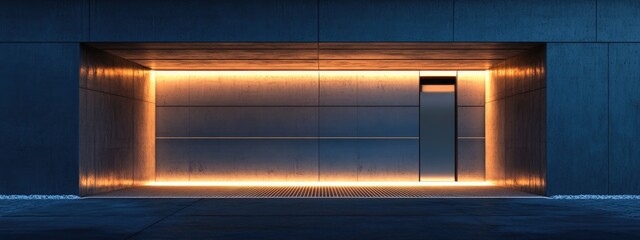 3D rendering of a illuminated entrance door to an underground garage