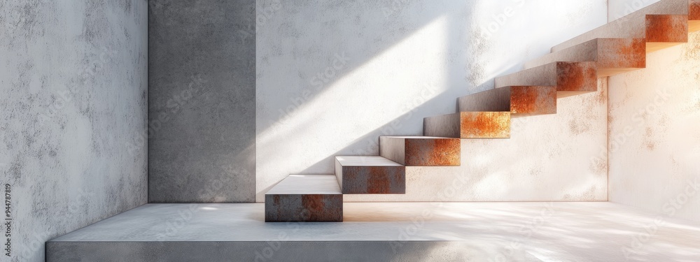 Poster minimalist house interior featuring abstract architectural design with concrete and rusted metal ele