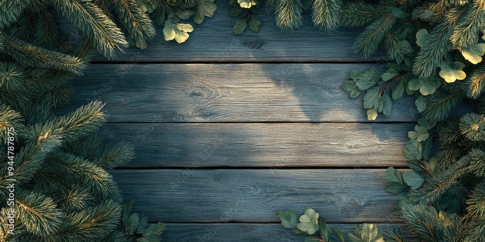 Poster 3d rendering of an old wooden surface adorned with spruce leaves for summer product display concepts