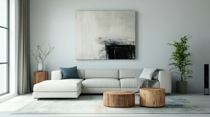 Modern Living Room with White Sectional Sofa and Abstract Artwork