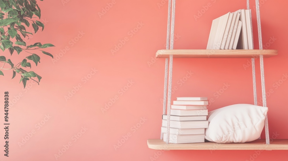 Poster 3d rendering of a stack of books on a hanging shelf against a coral peach wall showcasing an aesthet