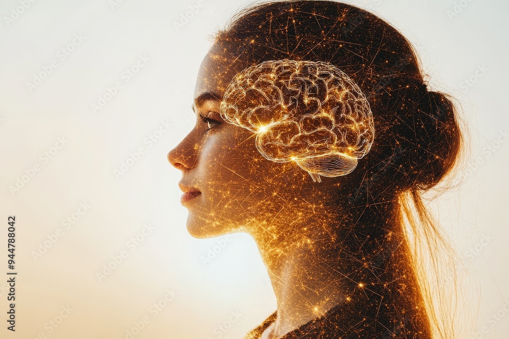Poster a serene side profile of a woman with a golden brain structure symbolizing wisdom intelligence and t