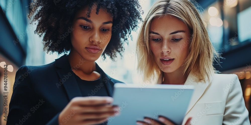 Poster two businesswomen in a high-end office environment looking at a tablet screen close-up of their face