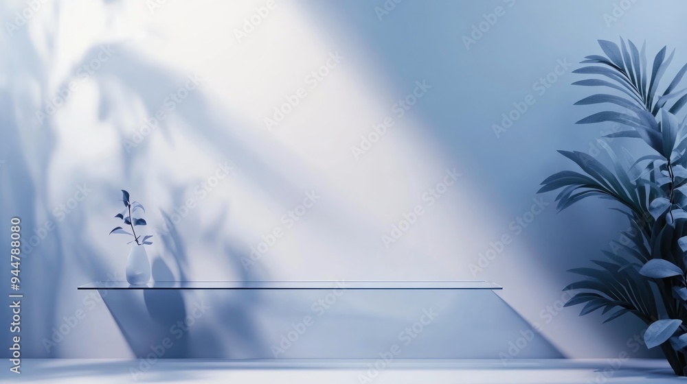 Poster minimalist white wall featuring a glass shelf for product display unoccupied space showcasing tree l