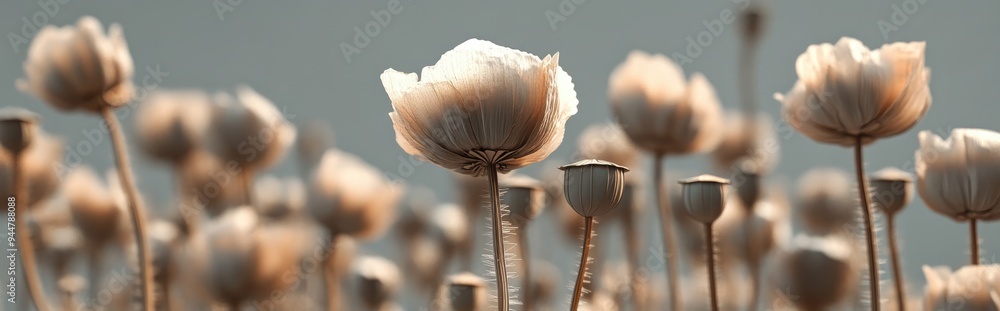 Poster 3d rendering of a unique arrangement of dried poppy boxes