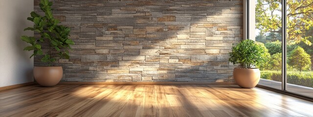 3D rendering of an empty living room interior featuring wooden flooring and a stone wall designed as a decorative backdrop for home office or bedroom settings