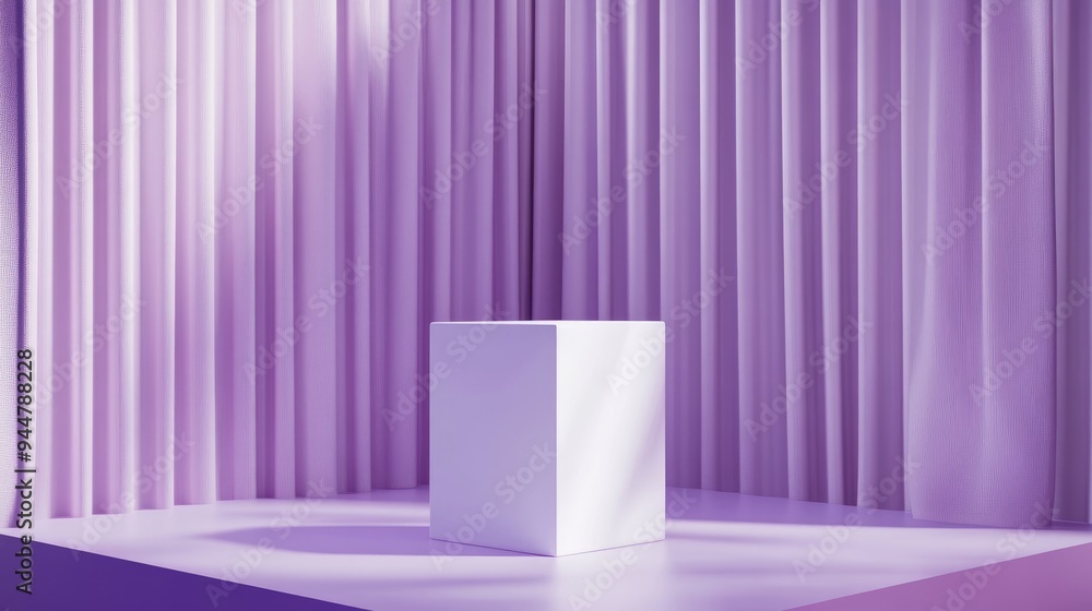 Poster 3d rendering of a white cube product stand in a purple room featuring a studio scene with minimal de