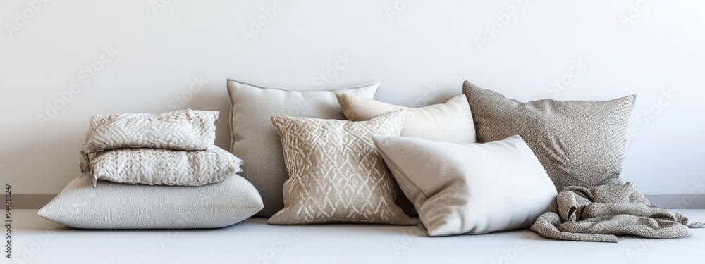 Poster 3d rendering of stylish soft pillows and blanket on a white background