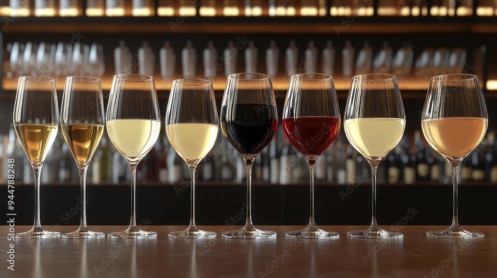 Aufkleber 3d rendering of various glasses filled with white and red wine arranged on a bar
