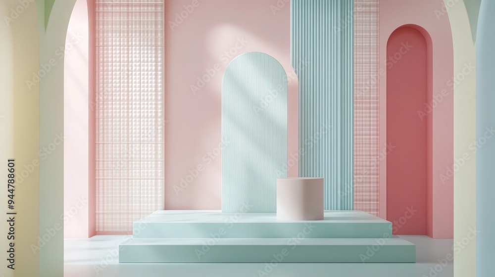 Aufkleber 3d rendering of an interior studio showcasing geometric objects featuring an architectural backdrop 