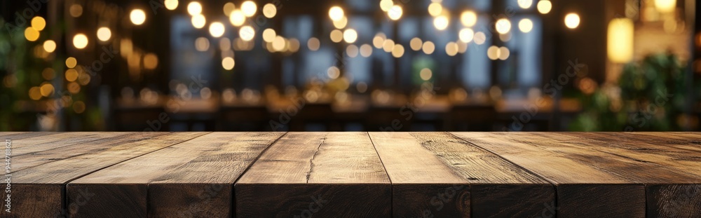 Poster 3d rendering of an empty wooden table top with blurred lights bokeh in a restaurant setting