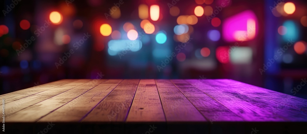 Poster 3d rendering of an empty wooden table top with bokeh lights in a blurred dining setting