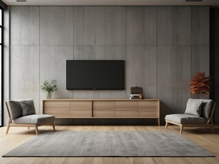 Modern Living Room Interior with Concrete Wall, Wooden Cabinet, and Grey Armchairs