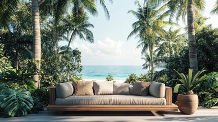 Fototapeta premium 3D rendering of a wooden sofa beside a beach featuring lush trees and coconut palm
