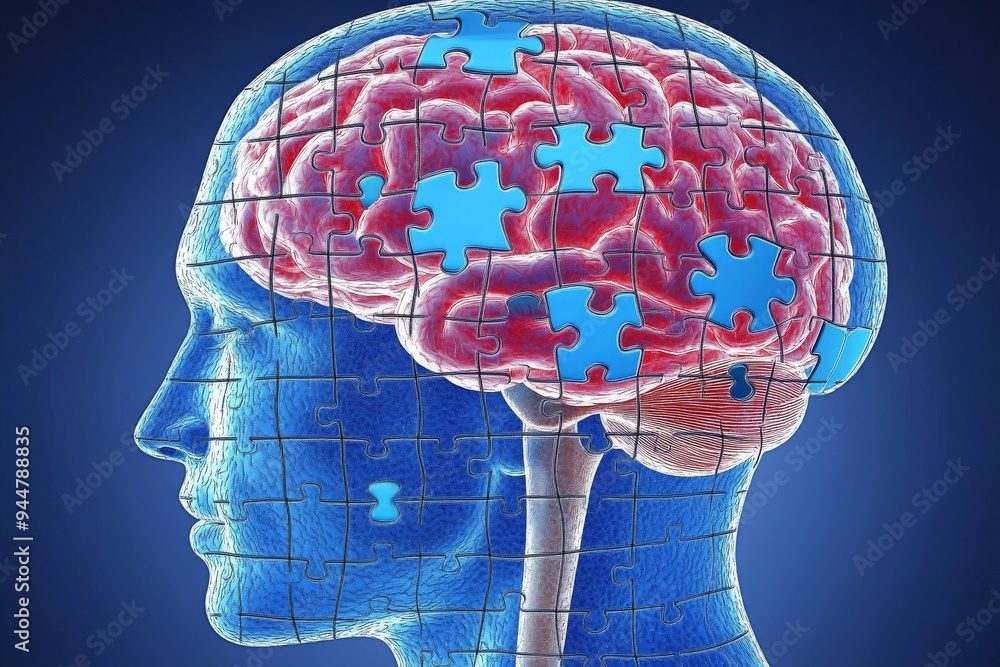 Poster an illustration of a human brain with puzzle pieces representing cognitive function problem solving 