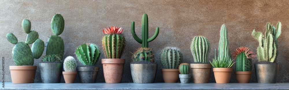 Poster 3d rendering of a panorama featuring a variety of cactus plants arranged in a row against a metallic