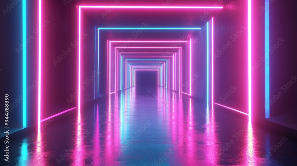 Poster 3d rendering of a glowing tunnel with neon lights featuring an abstract background square portal and