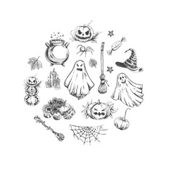 Set of halloween elements in sketch style. Design of  ghosts, creepy and spooky elements for halloween decorations in circle, sketch, icon. Hand drawn vector isolated on white background.