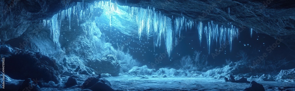 Poster 3d rendering of ice stalactites in a cave setting