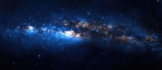 Panorama of a blue night sky featuring a 3D cartoon rendering of the Milky Way and stars against a dark background The universe is filled with stars nebulae and galaxies displaying noise and grain