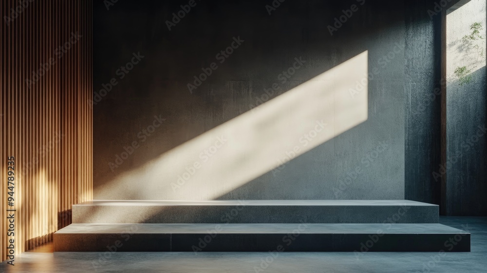 Poster Empty dark abstract interior featuring smooth concrete and wood elements 3D rendering and illustration of architectural design