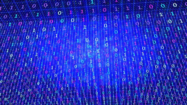 The binary code technical transforming and glowing background animation as 3d modeling procedural and geometric materials and concept art animation.