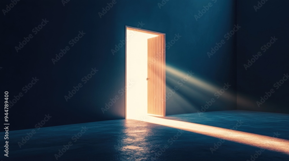 Poster open door in a dark room with realistic 3d rendering transition from complete darkness to intense be
