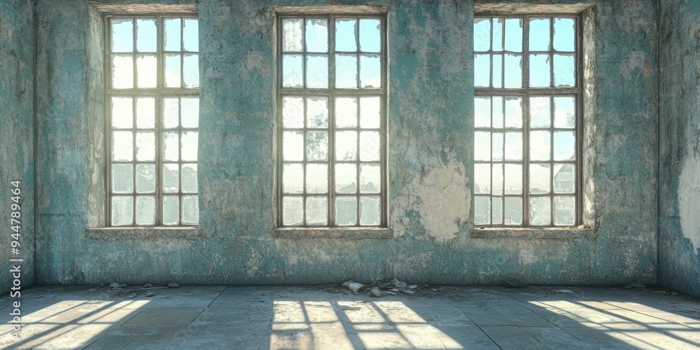 Poster 3d rendering of vintage windows and walls in a dilapidated structure