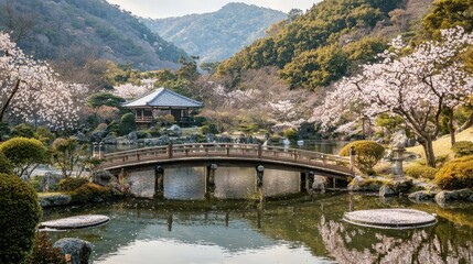 Fototapeta premium Japanese Garden Bridge with Cherry Blossoms