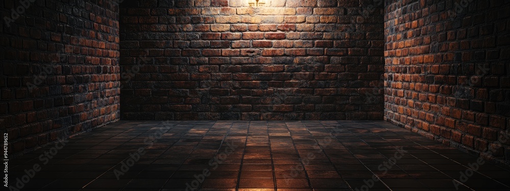 Poster 3d rendering of a dark room featuring a tiled floor and a brick wall backdrop