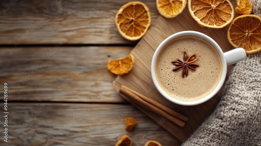 Poster 3d rendering of a warm cup of coffee with cinnamon and dried oranges on a wooden surface from a vert