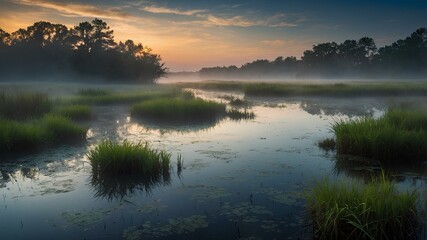 Enchanted marshes. Misty waters, glowing plants, mystical atmosphere. Eerie and enchanting landscape.