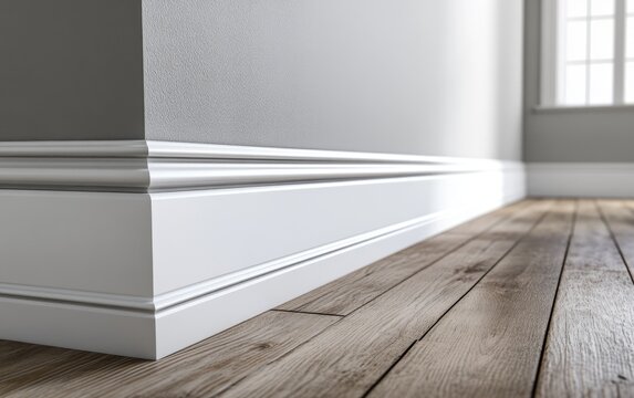 3D rendering of installing new baseboards following the removal of old ones after flooring