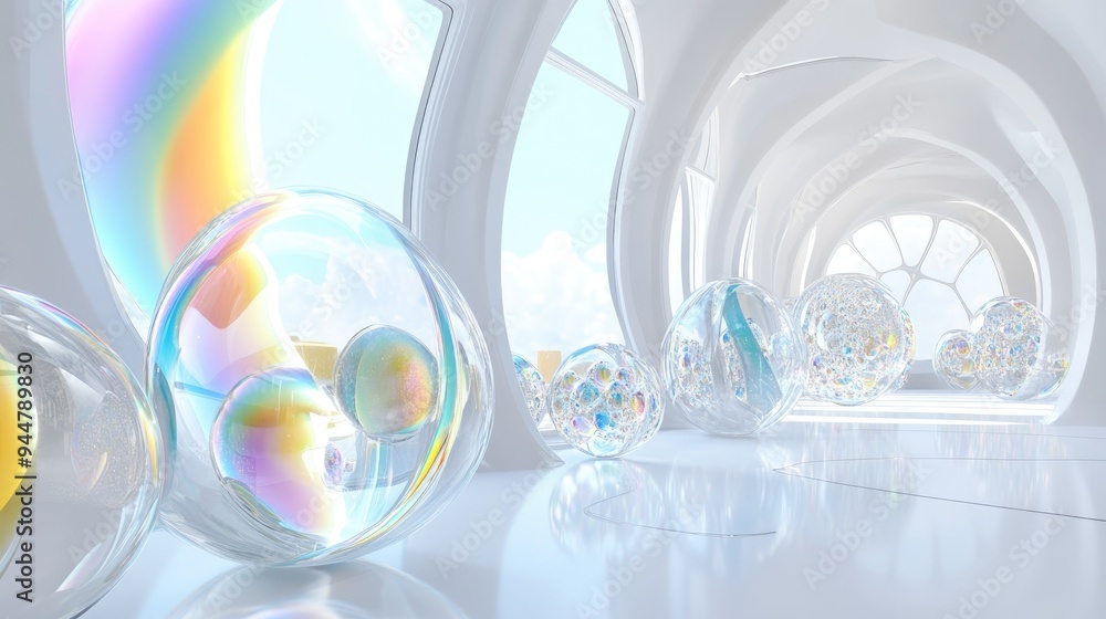 Poster abstract white interior featuring an array of colored gradient glass spheres with a large window 3d 