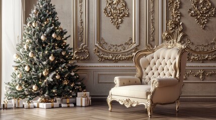 3D rendering of a luxurious classical interior featuring a beige Rococo style armchair beside a Christmas tree