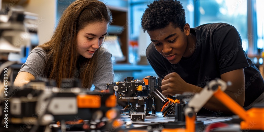 Poster Two students collaborating on a robotics project in a tech lab with half-built robots and tools around them hands-on innovation