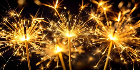 Naklejka premium Close up of golden sparklers burning against black background, sparklers, golden, burning, black background, close up