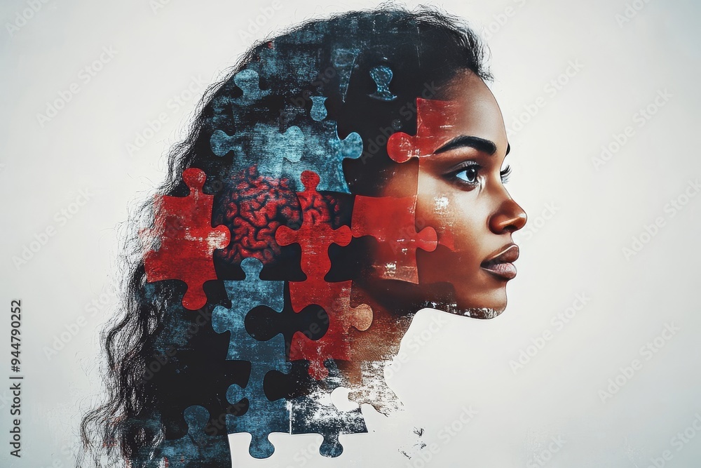 Poster illustration of a woman with puzzle pieces representing her thoughts symbolizing the complexity of i