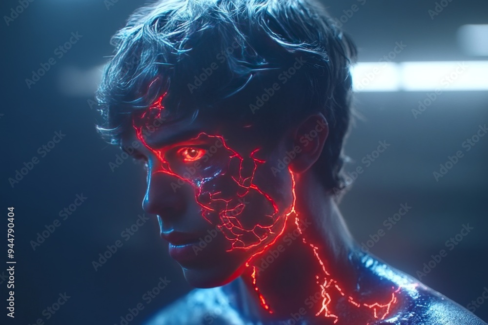 Poster digital portrait of a young man with neural pathways glowing representing the power of thought creat