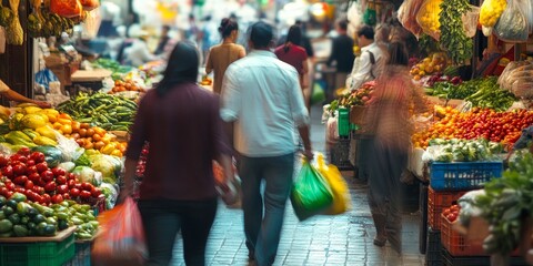 Couple on the move through a bustling market, weaving through crowds with bags full of fresh produce