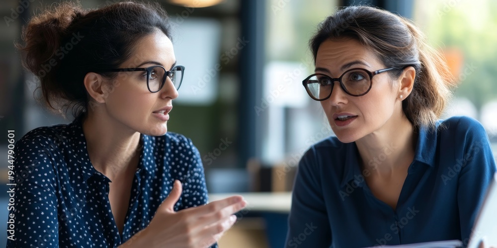 Poster Two teachers in a close-up image discussing student feedback with serious expressions and a notepad between them their hands gesturing thoughtfully
