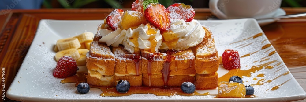 Poster Savory Honey Toast adorned with ice cream, whipped cream, sliced fruit, and a honey drizzle, crafted from substantial toast bread pieces.