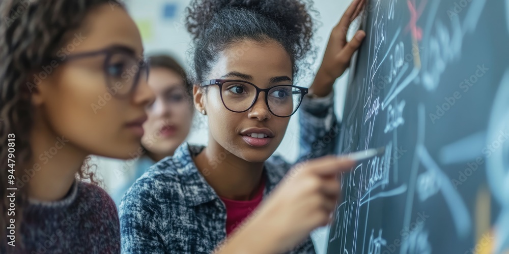 Poster a teacher guiding two adults through a complex concept in a mathematics class, with equations on the