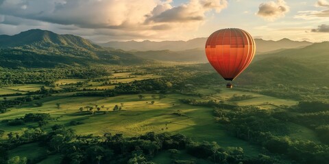 Fototapeta premium Couple indulging in a scenic hot air balloon ride over a lush countryside