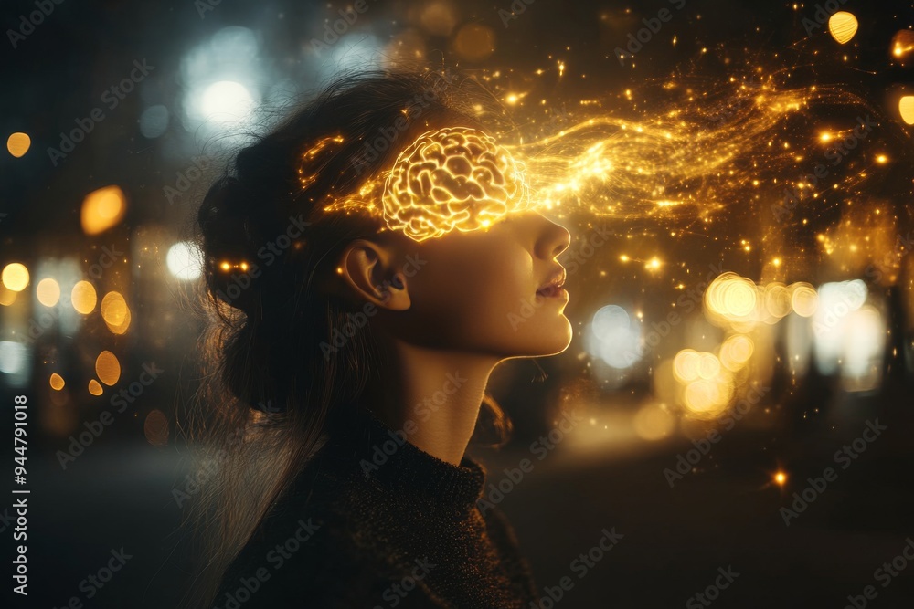 Poster digital art of a woman with her eyes closed surrounded by glowing particles and abstract shapes symb