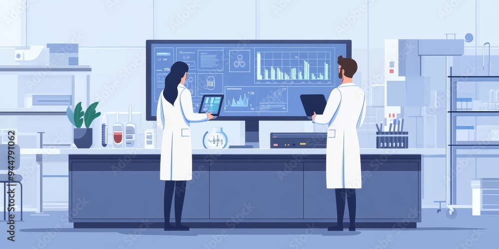 Aufkleber A pair of researchers analyzing data on a large monitor in a modern lab surrounded by scientific equipment shared intellectual effort