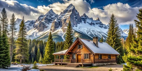 Rustic mountain cabin surrounded by pine trees and snow-covered peaks, Mountain, cabin, house, snow, trees, rustic, cozy